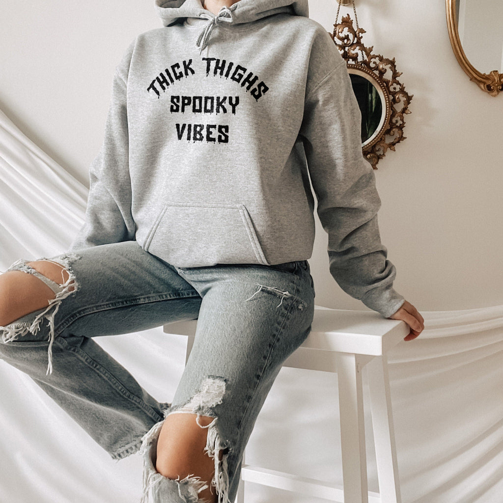 Halloween Hoodie - Thick Thighs Spooky Vibes Hoodie - Womens Spooky Vibes Hoodie - Black Halloween Hoodie